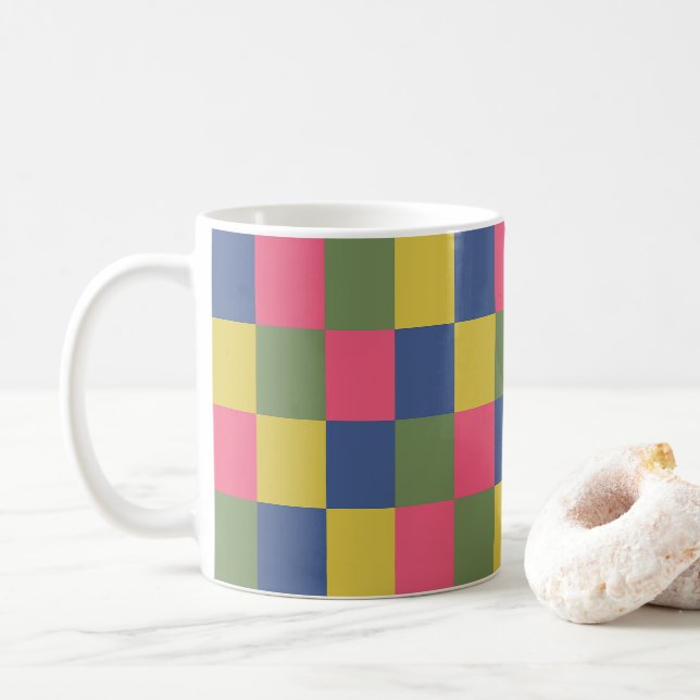 Blue Pink Yellow Green Chequerboard Coffee Mug (With Donut)