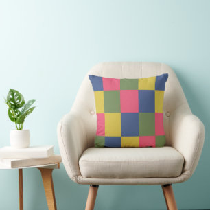 Blue Pink Yellow Green Chequerboard Cushion