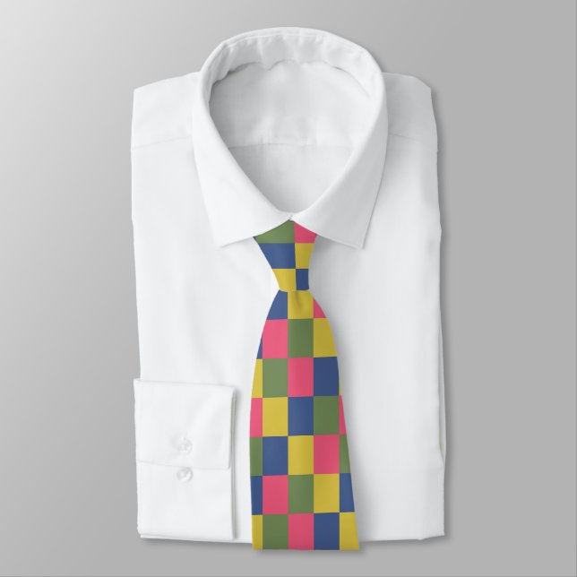 Blue Pink Yellow Green Chequerboard Tie (Tied)