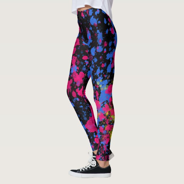 Blue Pink Yellow Paint Splatters on Black Leggings (Left)