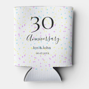 Blue pink yellow polka dots 30th anniversary name can cooler