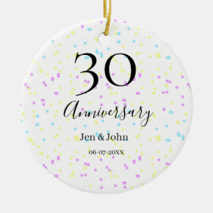 Blue pink yellow polka dots 30th anniversary name ceramic tree decoration