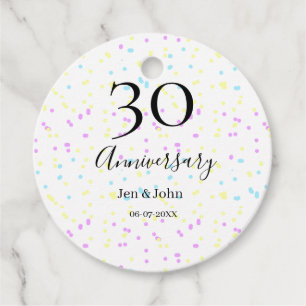 Blue pink yellow polka dots 30th anniversary name favour tags