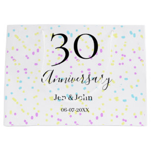 Blue pink yellow polka dots 30th anniversary name large gift bag