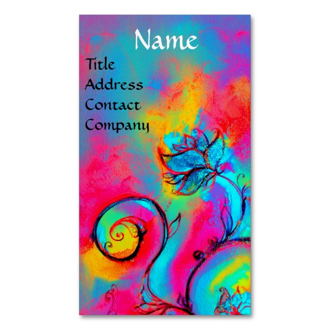 BLUE PINK YELLOW WHIMSICAL FLOWERS 	Magnetic BUSINESS CARD (Front Vertical)