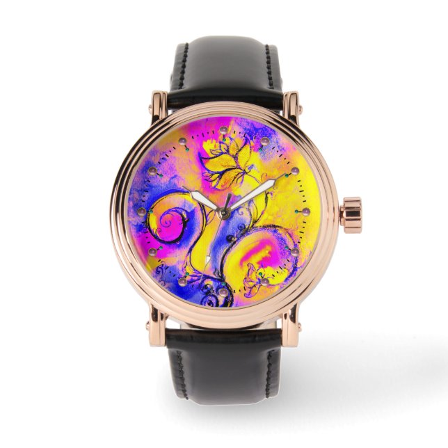 BLUE PINK YELLOW WHIMSICAL FLOWERS WATCH (Front)