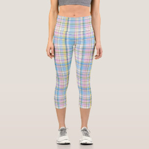 Blue Pink Yellow White Preppy Madras Plaid Capri Leggings