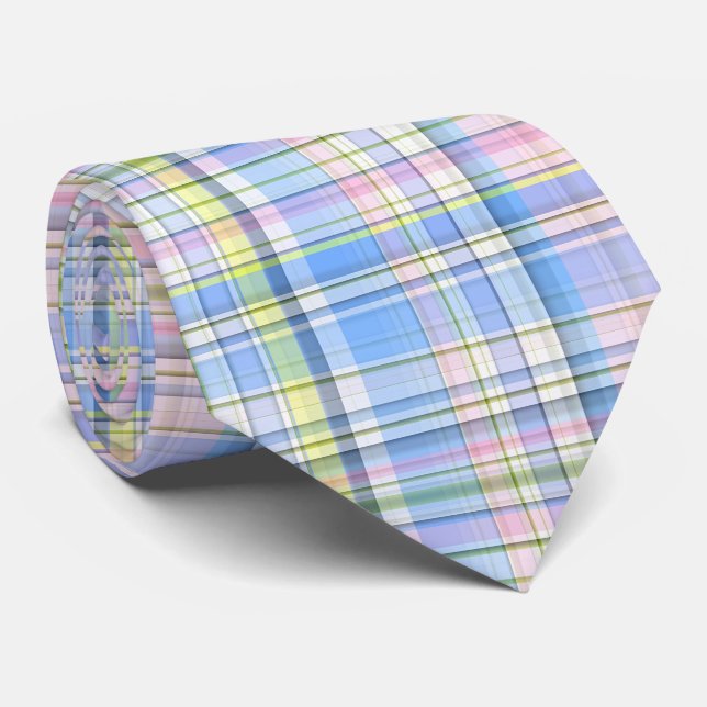Blue Pink Yellow Wht Preppy Madras Tie (Rolled)