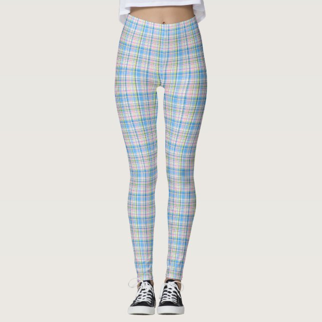 Blue Pink Yellow Wht Preppy Plaid Madras Tartan Leggings (Front)