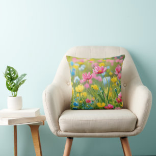 Blue Pink Yellow Wild Flowers 2025 Cushion