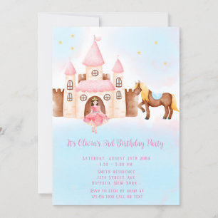 Blue PinkPrincess Castle Horse Birthday Party Invitation