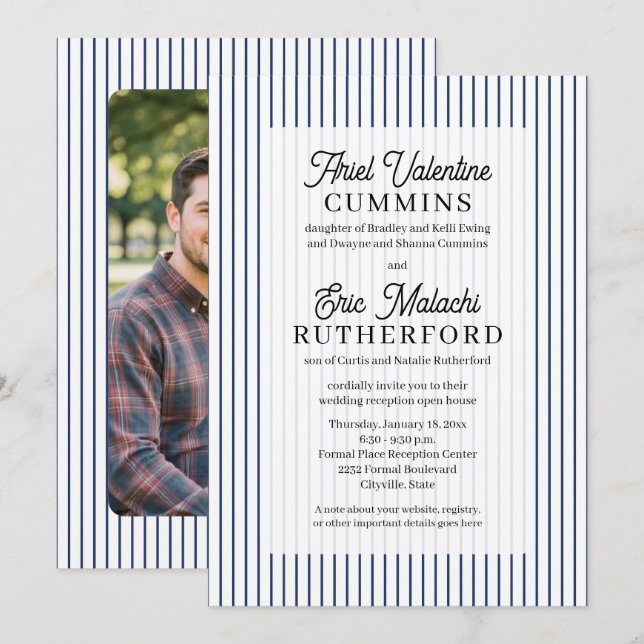 Blue Pinstripe Rustic Bride's Parents Remarried Invitation (Front/Back)