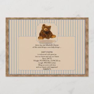 Blue Pinstripe Teddy Bear Baby Announcement