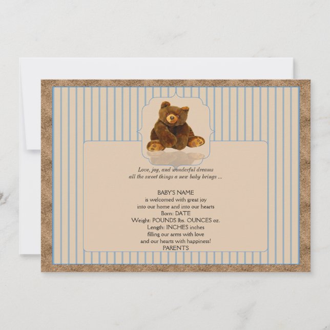 Blue Pinstripe Teddy Bear Baby Announcement (Front)
