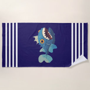 Blue Piranha Fish Navy Stripe Coastal Beach Towel