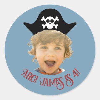 Blue Pirate Hat Photo Sticker with Name and Age