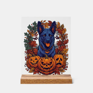 Blue Pitbull Halloween Pumpkins Autumn Leaves Bats Acrylic Sign