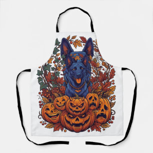 Blue Pitbull Halloween Pumpkins Autumn Leaves Bats Apron