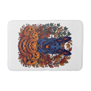Blue Pitbull Halloween Pumpkins Autumn Leaves Bats Bath Mat