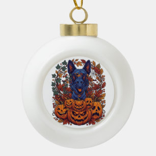 Blue Pitbull Halloween Pumpkins Autumn Leaves Bats Ceramic Ball Christmas Ornament