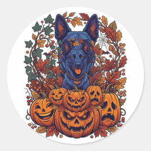 Blue Pitbull Halloween Pumpkins Autumn Leaves Bats Classic Round Sticker