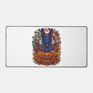 Blue Pitbull Halloween Pumpkins Autumn Leaves Bats Desk Mat