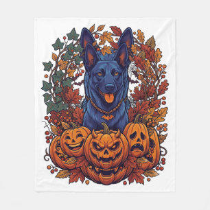 Blue Pitbull Halloween Pumpkins Autumn Leaves Bats Fleece Blanket