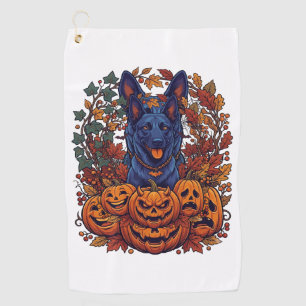 Blue Pitbull Halloween Pumpkins Autumn Leaves Bats Golf Towel