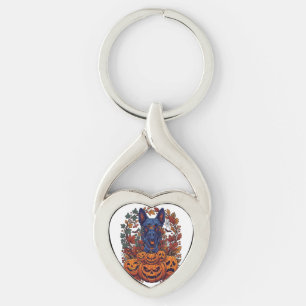 Blue Pitbull Halloween Pumpkins Autumn Leaves Bats Key Ring