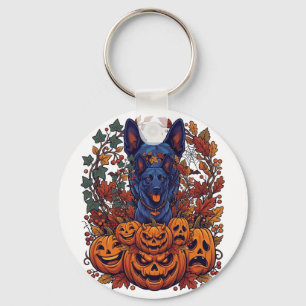 Blue Pitbull Halloween Pumpkins Autumn Leaves Bats Key Ring