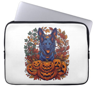 Blue Pitbull Halloween Pumpkins Autumn Leaves Bats Laptop Sleeve