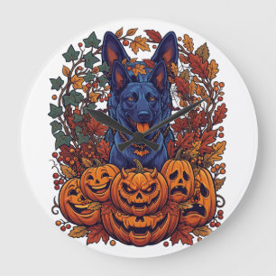 Blue Pitbull Halloween Pumpkins Autumn Leaves Bats Large Clock