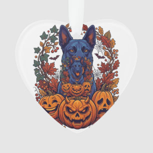 Blue Pitbull Halloween Pumpkins Autumn Leaves Bats Ornament