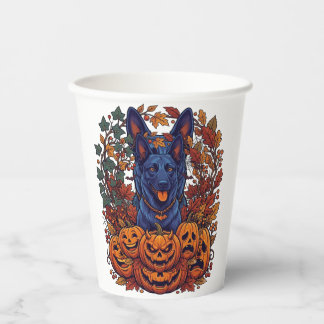 Blue Pitbull Halloween Pumpkins Autumn Leaves Bats Paper Cups