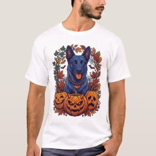 Blue Pitbull Halloween Pumpkins Autumn Leaves Bats T-Shirt