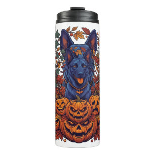 Blue Pitbull Halloween Pumpkins Autumn Leaves Bats Thermal Tumbler