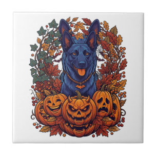 Blue Pitbull Halloween Pumpkins Autumn Leaves Bats Tile
