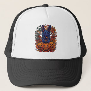 Blue Pitbull Halloween Pumpkins Autumn Leaves Bats Trucker Hat