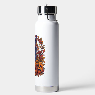 Blue Pitbull Halloween Pumpkins Autumn Leaves Bats Water Bottle