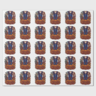 Blue Pitbull Halloween Pumpkins Autumn Leaves Bats Wrapping Paper