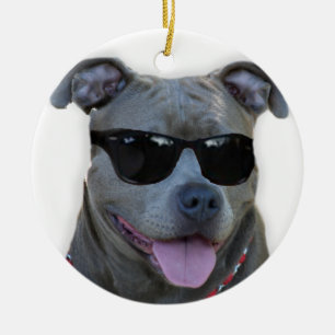 Blue pitbull with glasses ceramic tree decoration