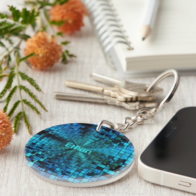 Blue Pixel Matrix Personalised Key Ring (Front Right)