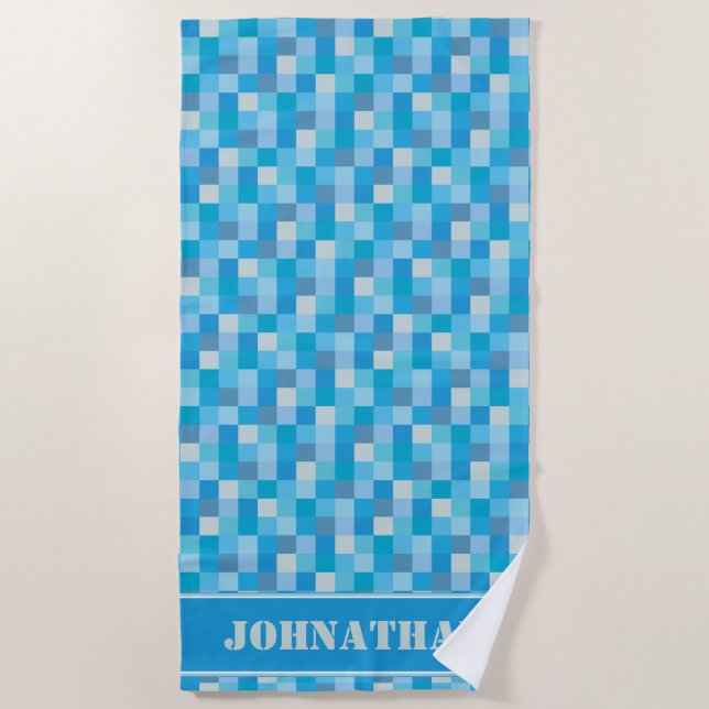 Blue Pixelated Pattern Gamer | Personalised Beach Towel (Front)