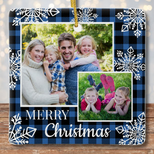 Blue Plaid 3 Photo Snowflakes Merry Christmas   Ceramic Ornament