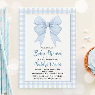 Blue Plaid And Blue Bow Baby Shower Invitation