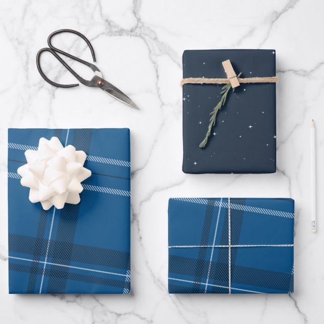 Blue plaid and stars classic wrapping paper sheet (Front)