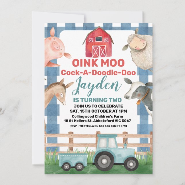 Blue Plaid And Tractor Farm Birthday Invitation (Front)