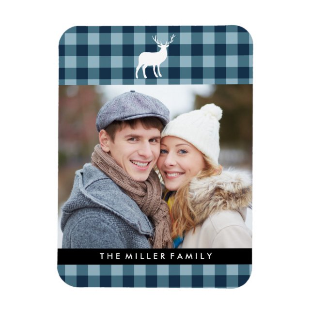 Blue Plaid and White Stag | Holiday Magnet (Vertical)