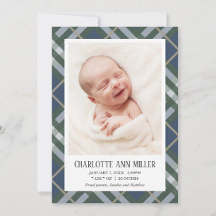 Blue Plaid Baby Birth Announcement Photo Card