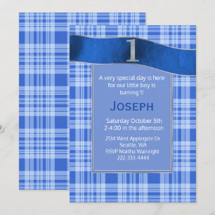 Blue Plaid Baby Boy First Birthday Invitation
